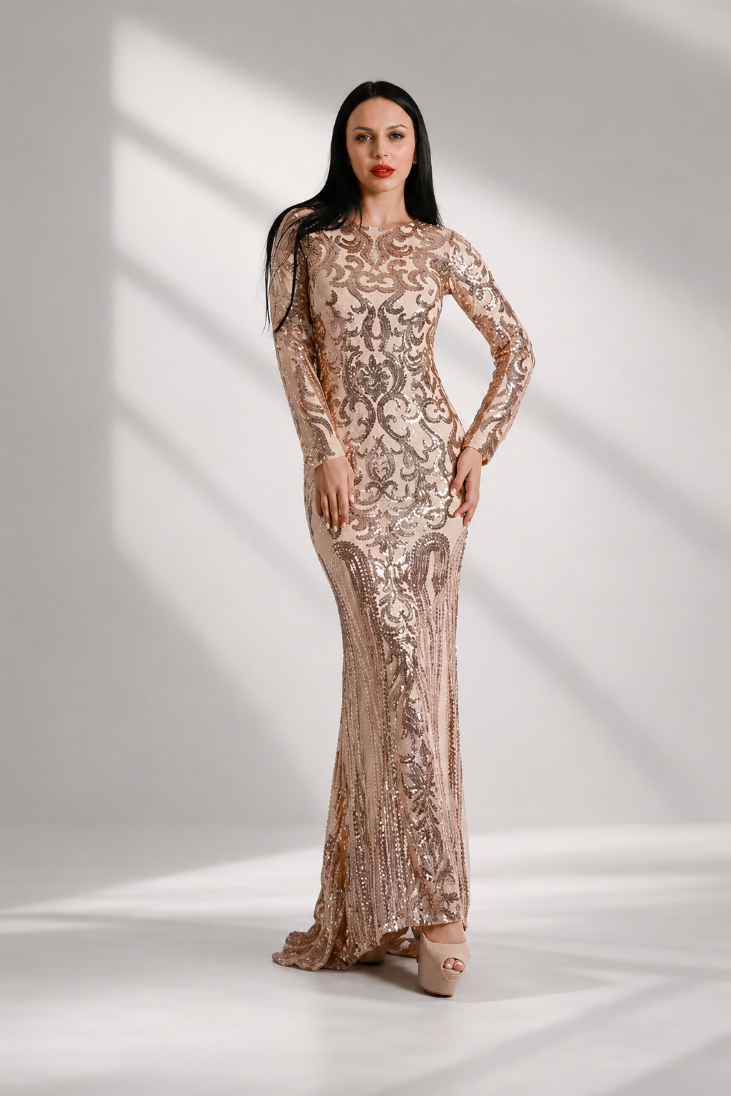 Long Sleeve Sequin Formal Dress FT8578