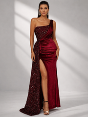 One Shoulder Velvet Split Thigh Prom Dress XH2356