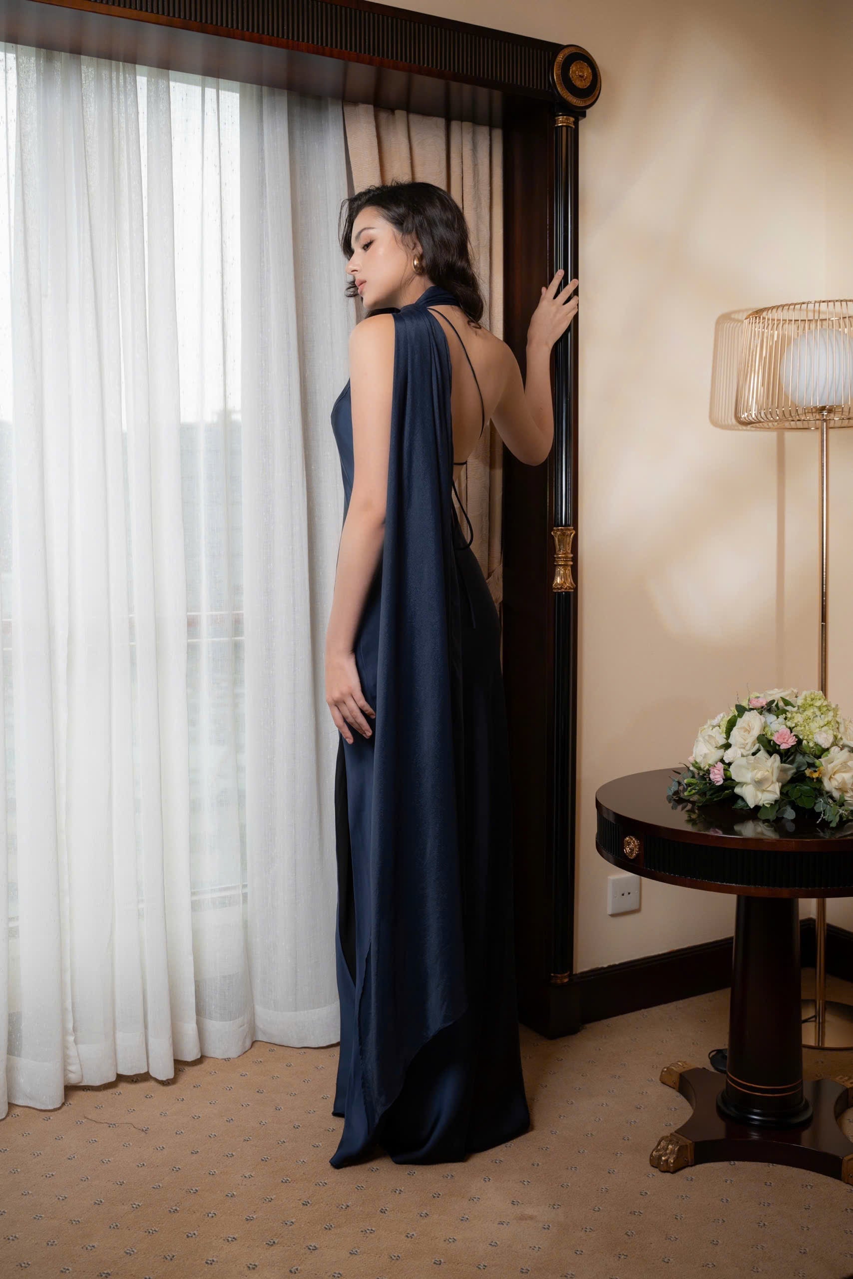 One Shoulder Draped Cape Backless Satin Evening Dress