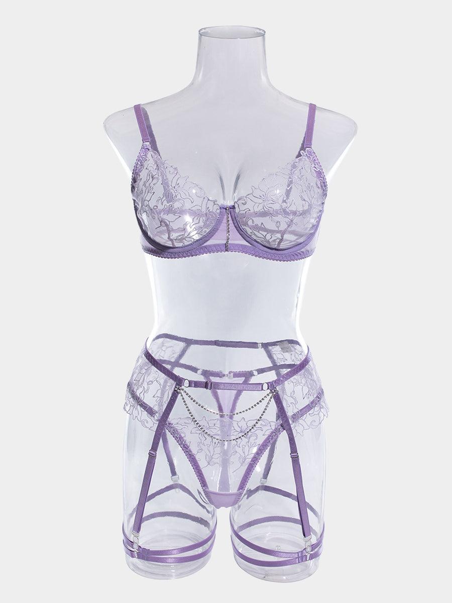 Embroidered Chain Lingerie Three-piece Set MSL045