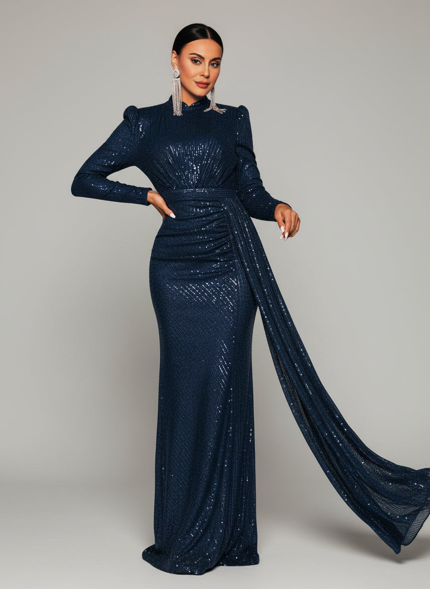 High Neck Long Sleeve Draped Sequin Maxi Evening Dress RJ11834