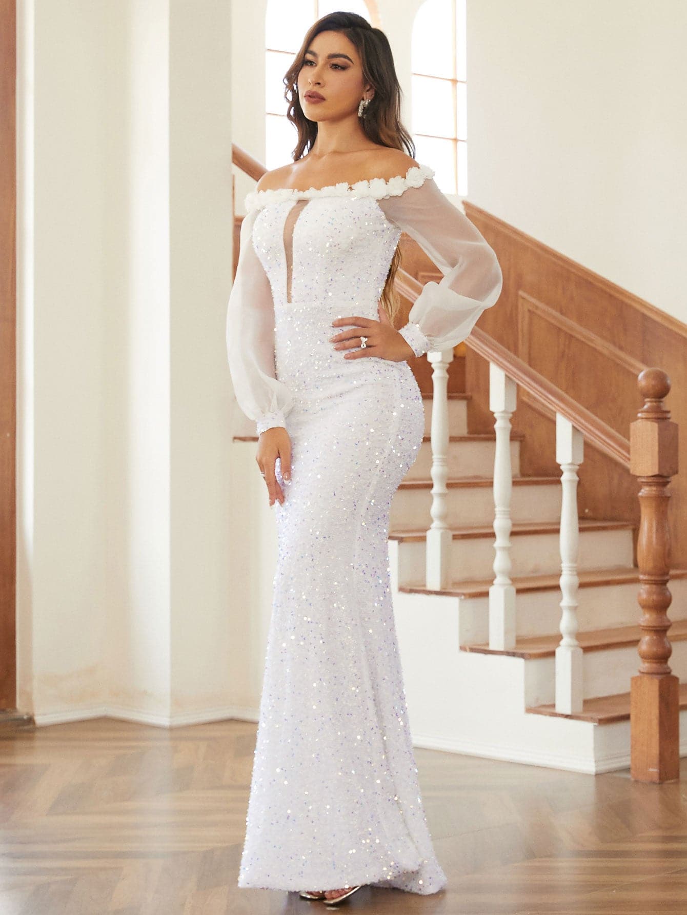 Puff Sleeves Strapless Evening Dress JMT1118