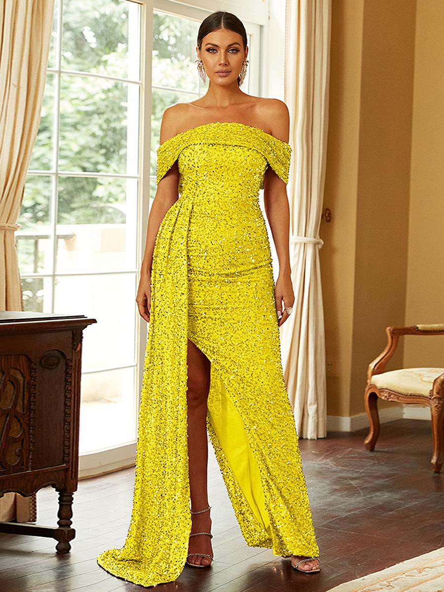 Off Shoulder Sequin High Split Prom Dress XH2132
