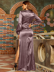 Surplice Neck Split Satin Prom Dress XH1793