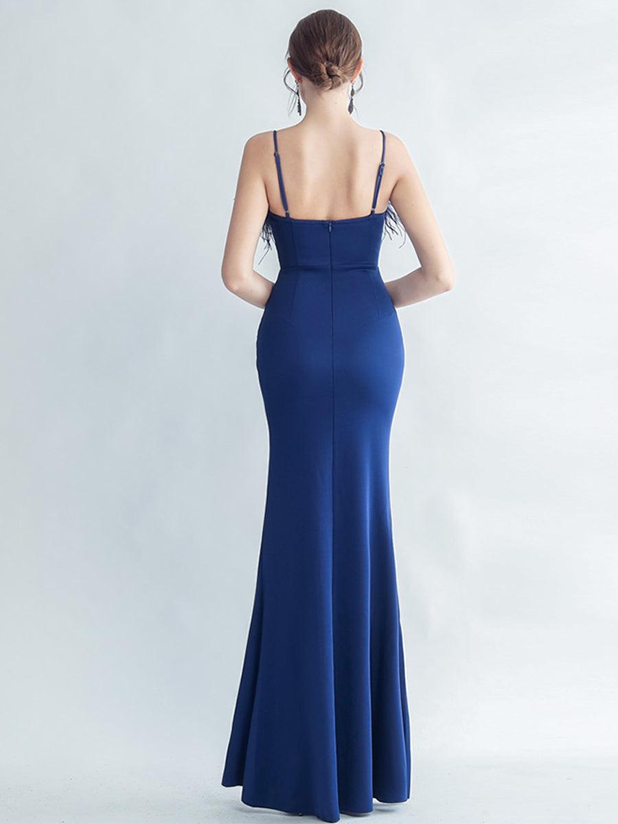 Feather Spaghetti Rhinestone Formal Dress GM90015