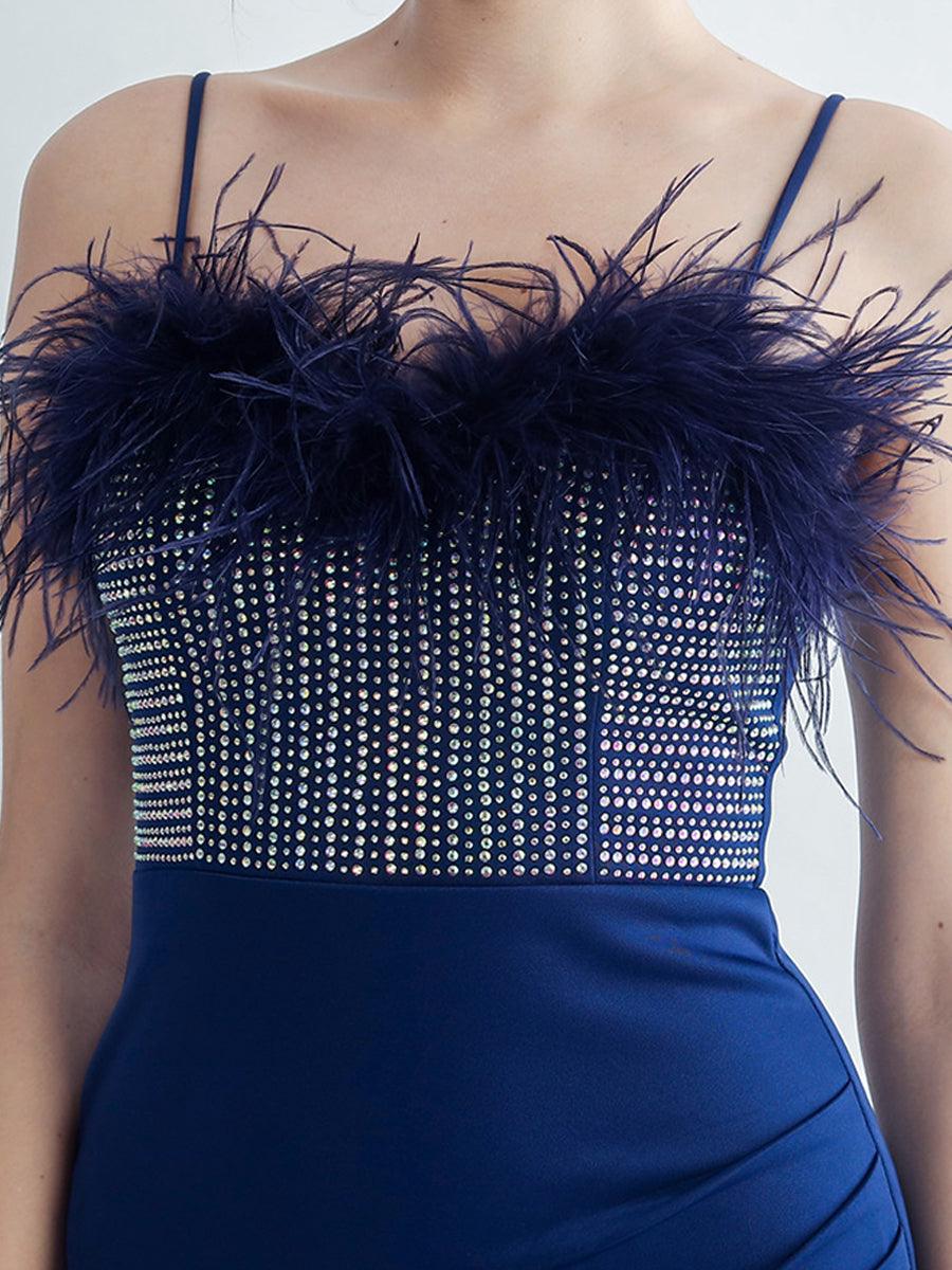 Feather Spaghetti Rhinestone Formal Dress GM90015