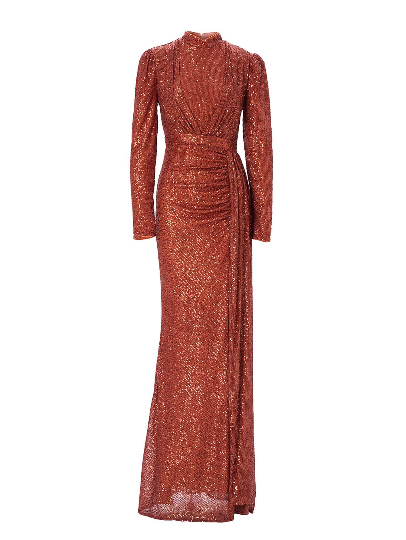 High Neck Long Sleeve Draped Sequin Maxi Evening Dress RJ11834