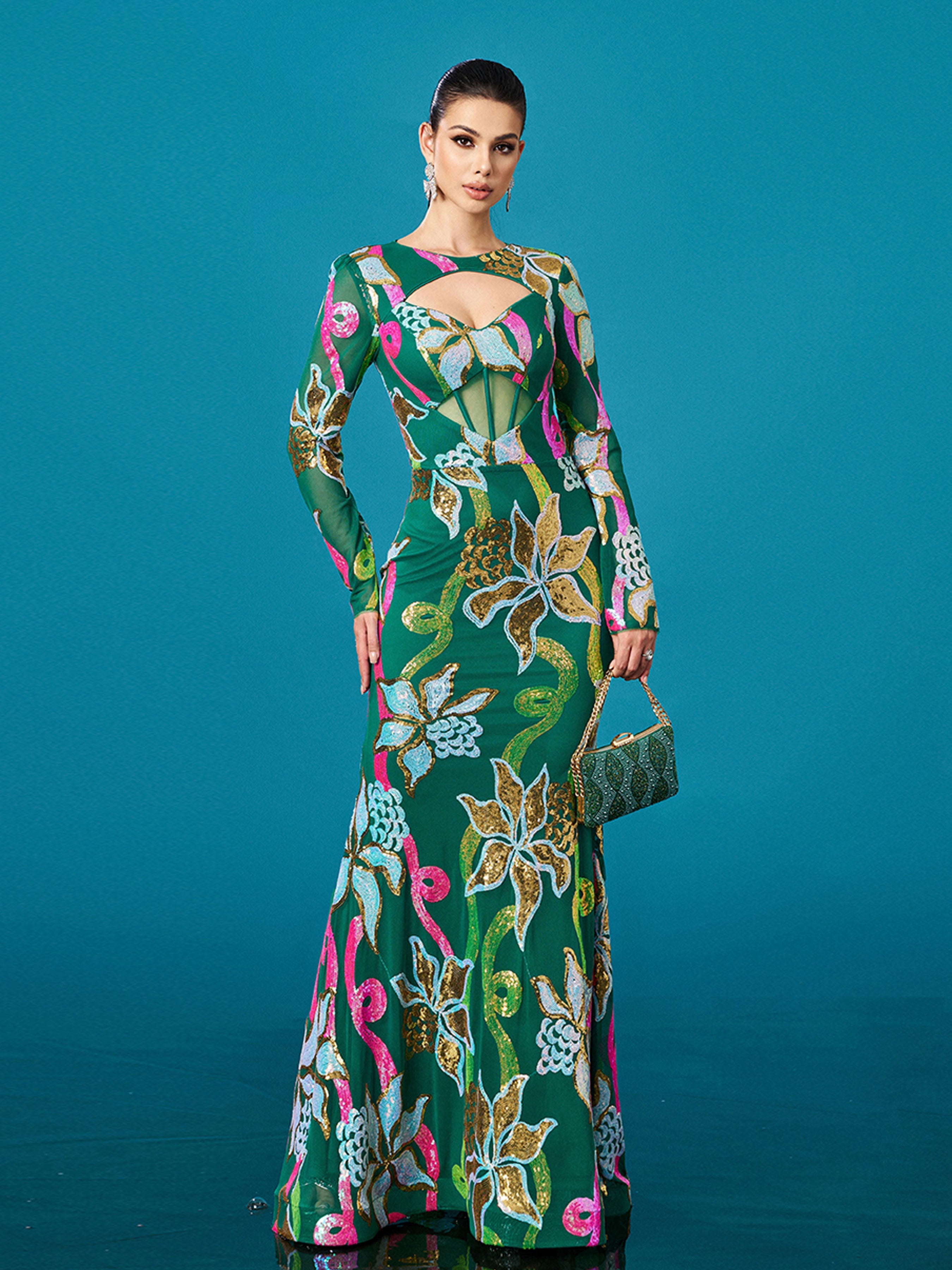 Long Sleeve Corset Cutout Floral Evening Dress DH80214