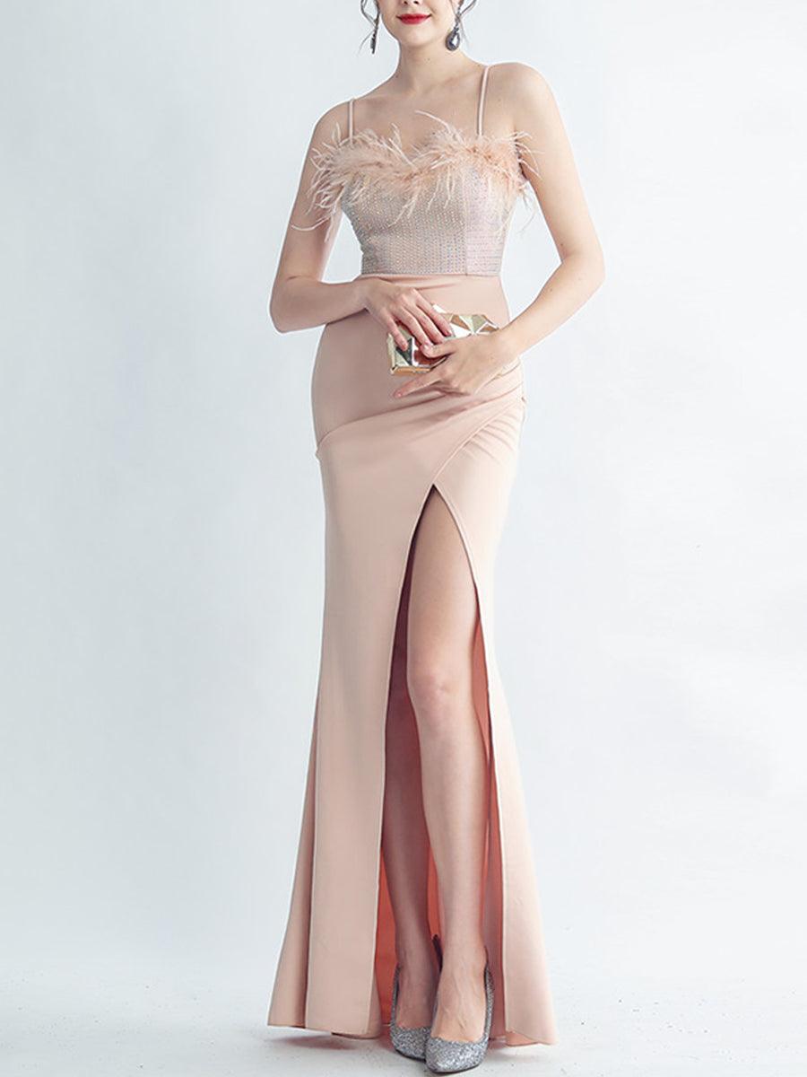 Feather Spaghetti Rhinestone Formal Dress GM90015
