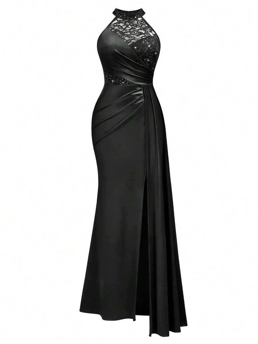 Halter Neck Sequin Lace Satin Draped Side Slit Maxi Evening Dress