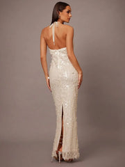 Ivory Sequin Halter Neck Backless Slit Maxi Evening Dress