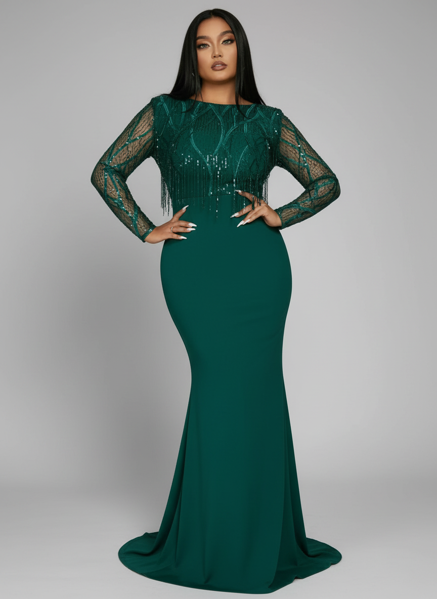 Plus Long Sleeve Fringed Maxi Dress PJMT1103