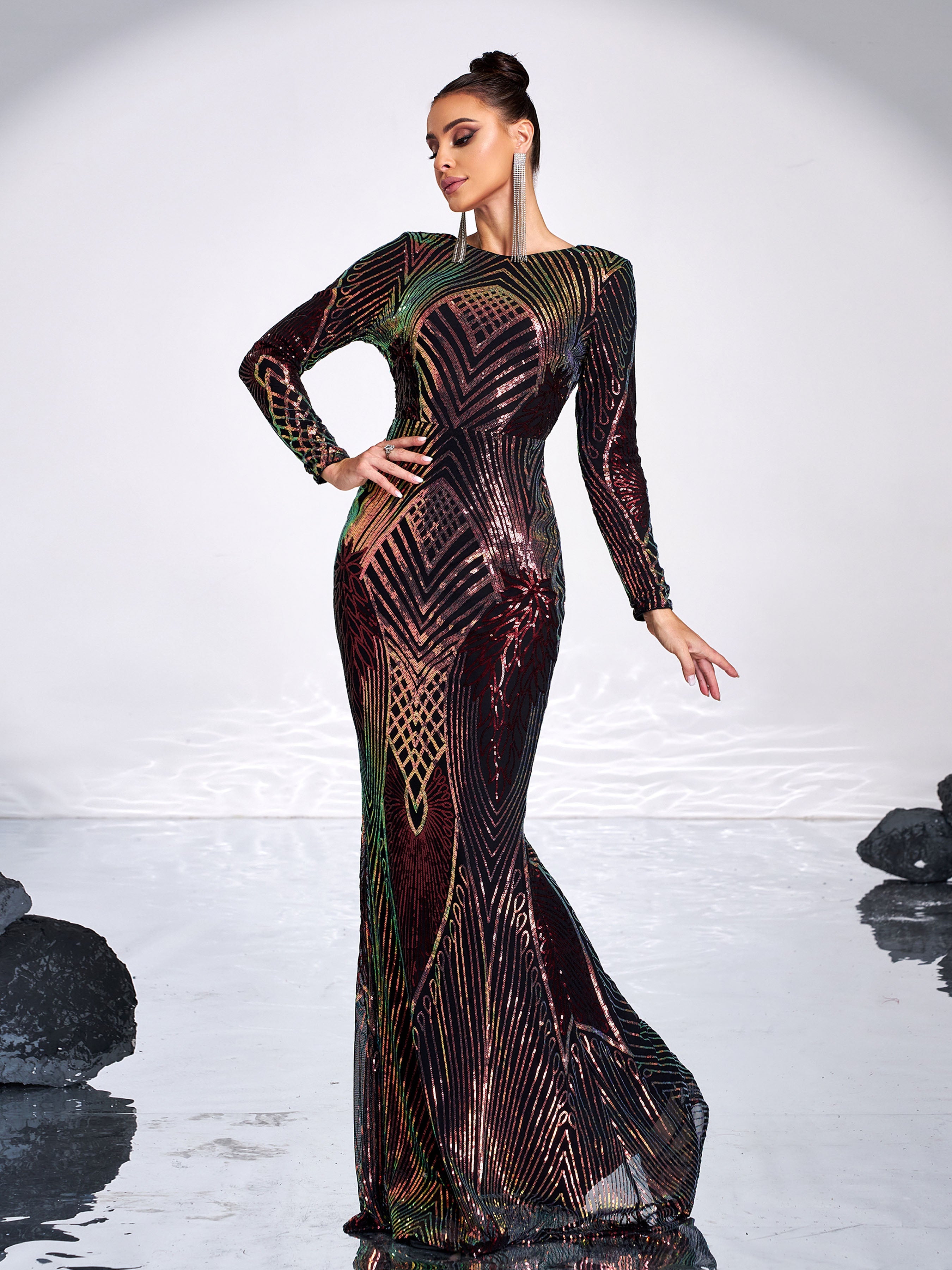 Graphic Sequin Mermaid Fromal Dress FT19747