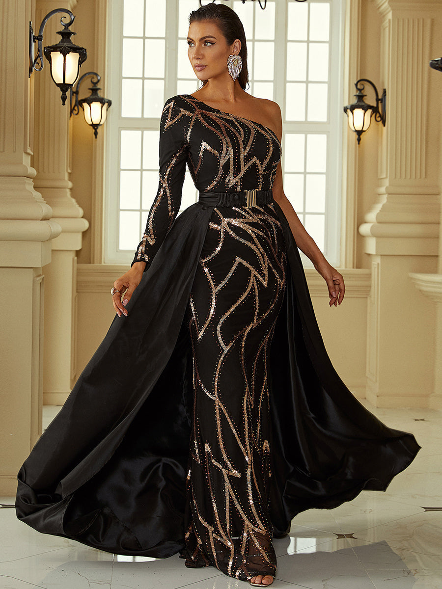 One Shoulder Cloak Sequin Prom Dress XH2172