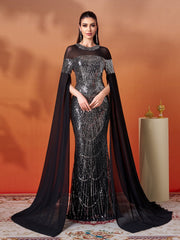 Black Sequin Cape Sleeve Elegant Evening Dress GM00706