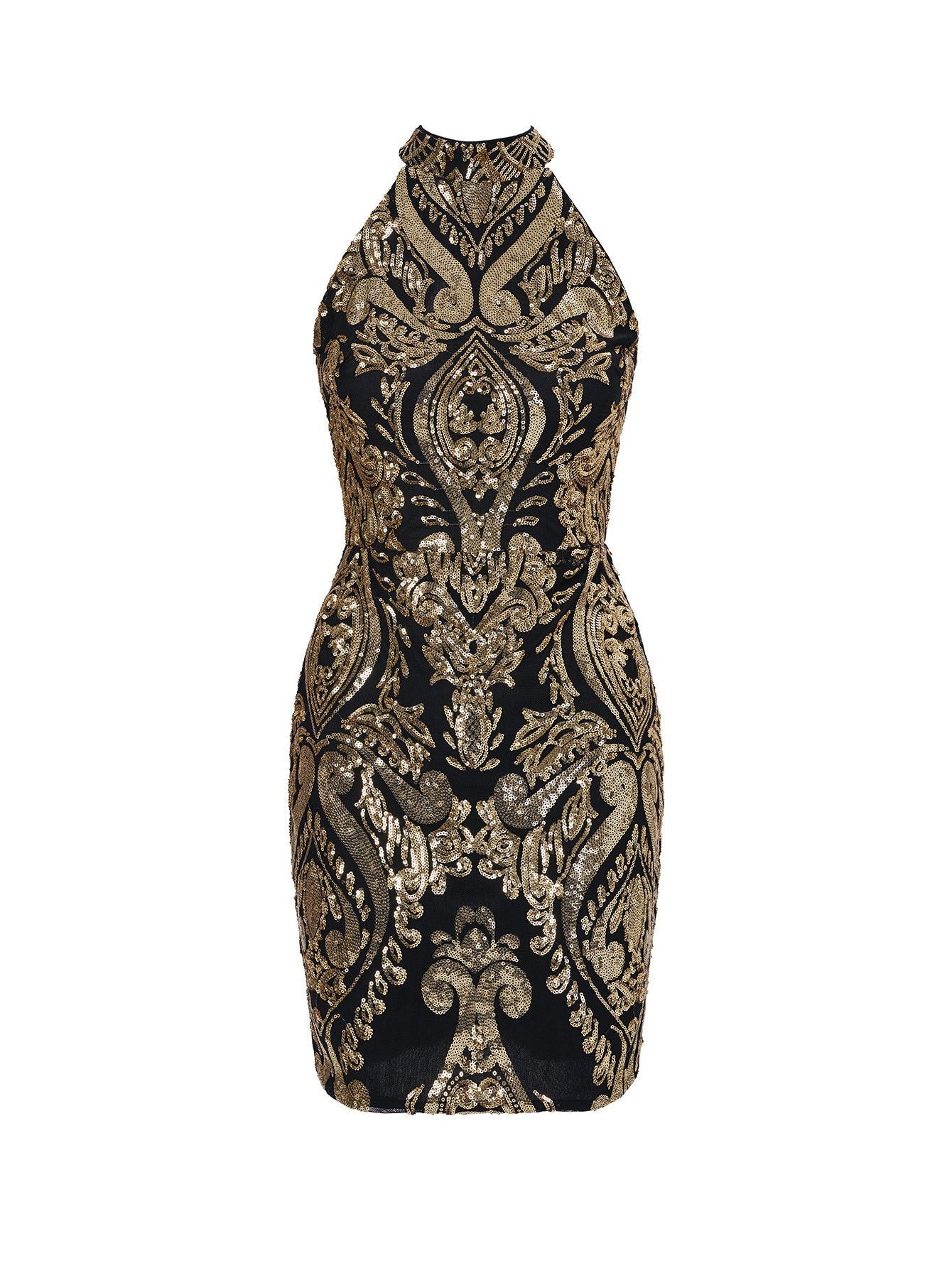 Halterneck Damask Sequin Bodycon Mini Dress FT19757