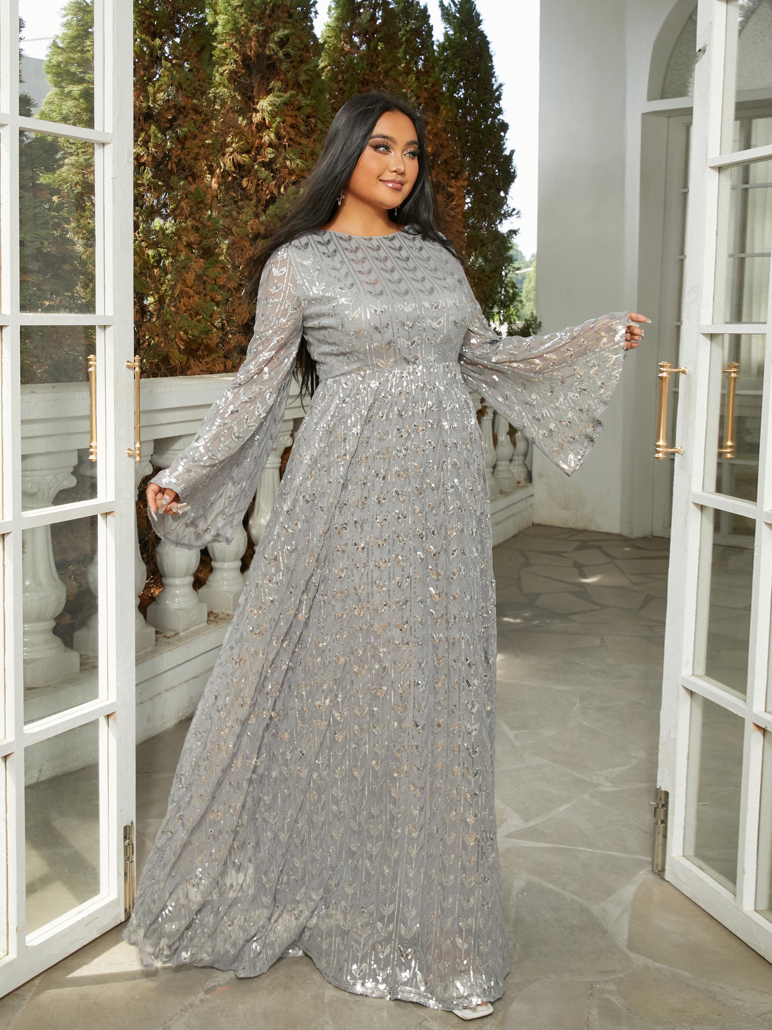 Silver Sequin Bell Sleeve Backless Maxi Evening Dress RM20603