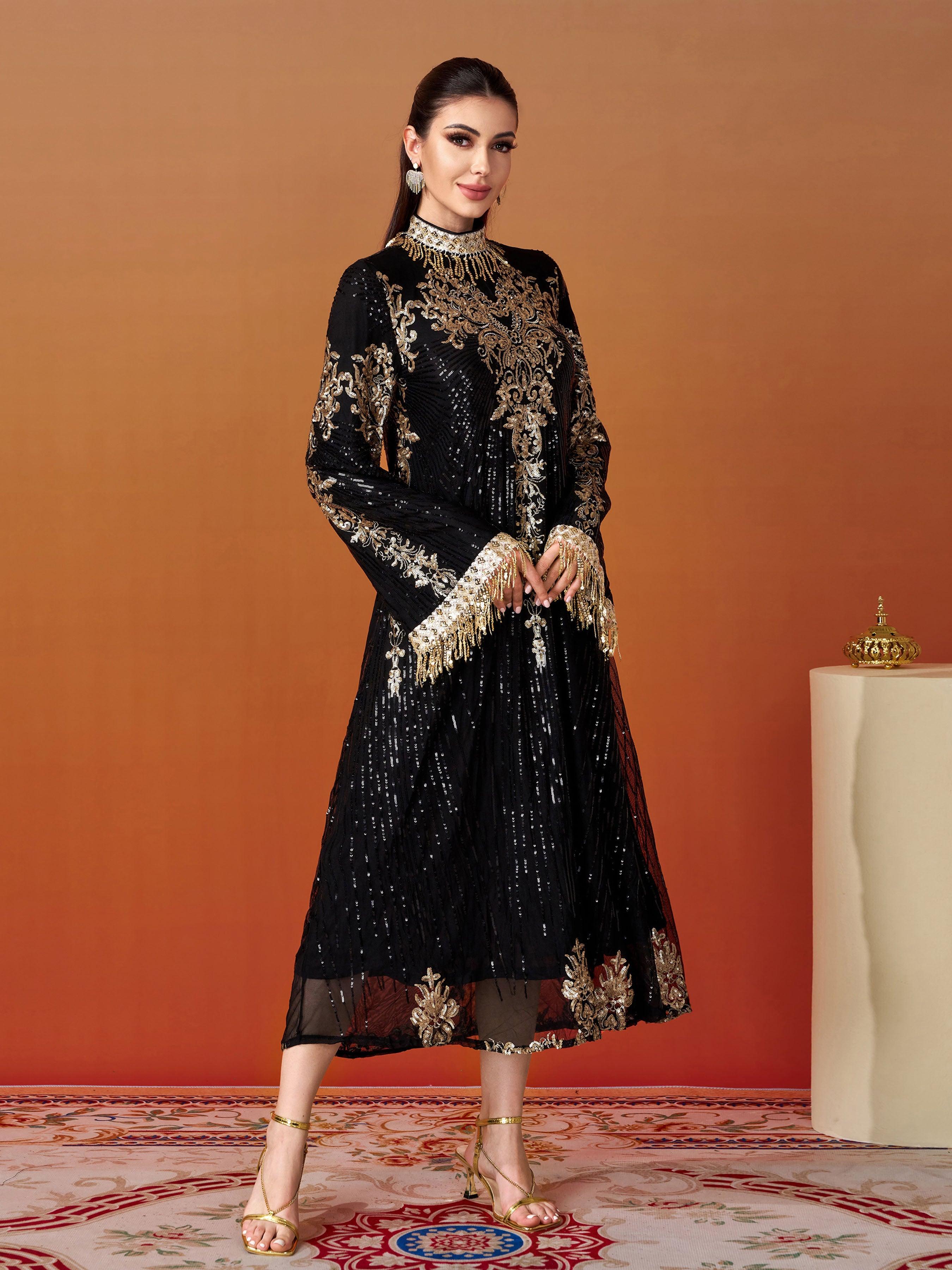 Stand Collar Bell Sleeve Sequin Dress MES00344
