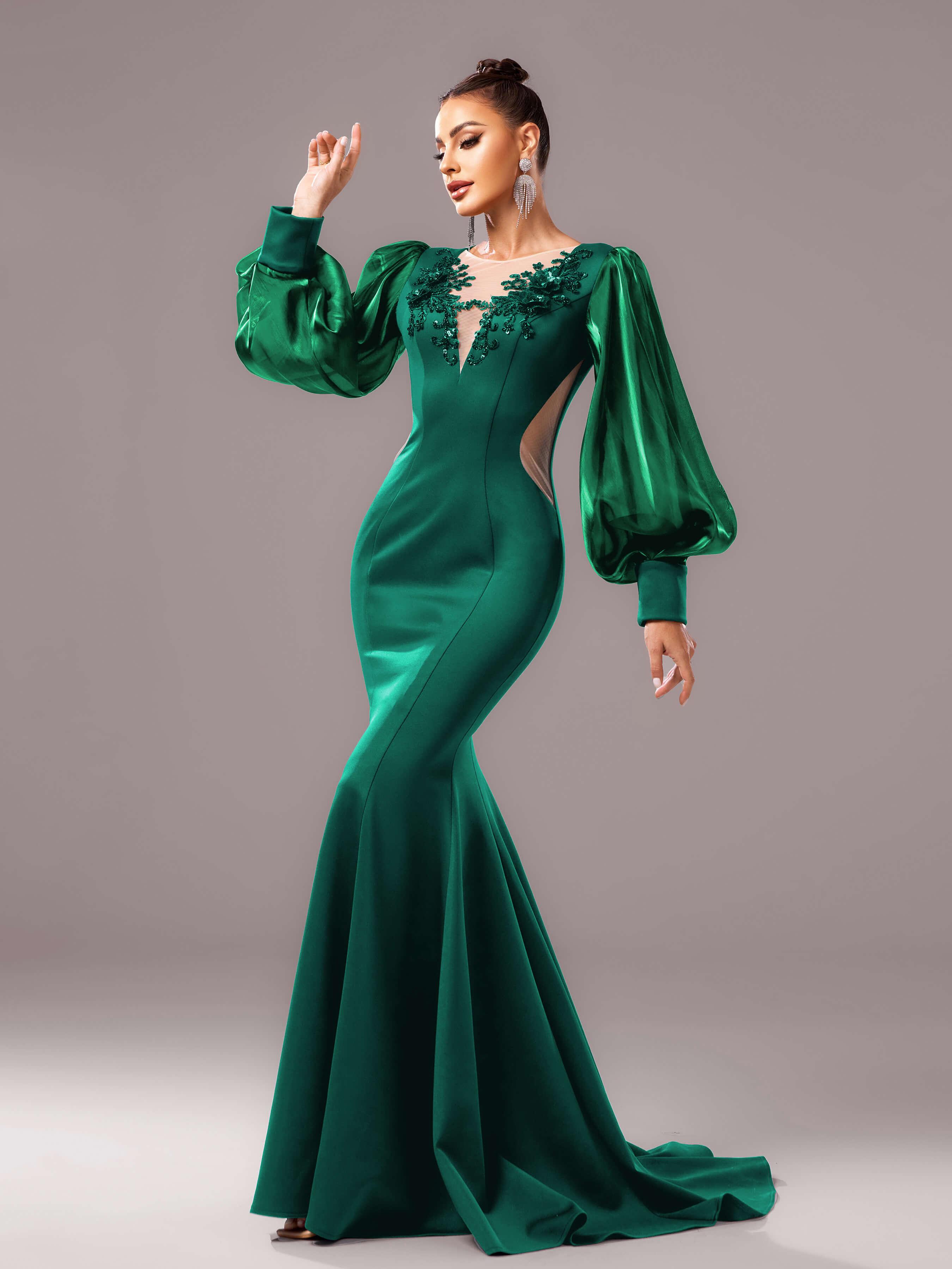 Black Embroidery Floor Length Puff Sleeve Dress DH80308