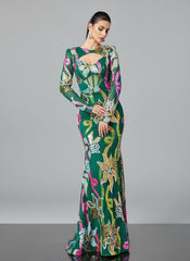 Long Sleeve Corset Cutout Floral Evening Dress DH80214