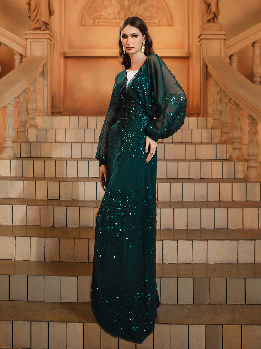 Lantern Sleeve V-Neck High Split Black Prom Dress RM21107