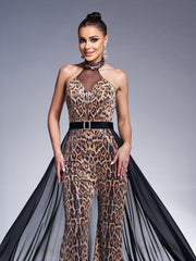 Backless Mesh Cape Leopard Jumpsuits DH80220