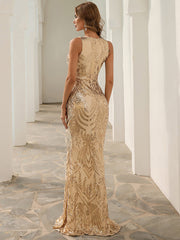 V Neck Split Mermaid Sequin Golden Evening Dress M01087