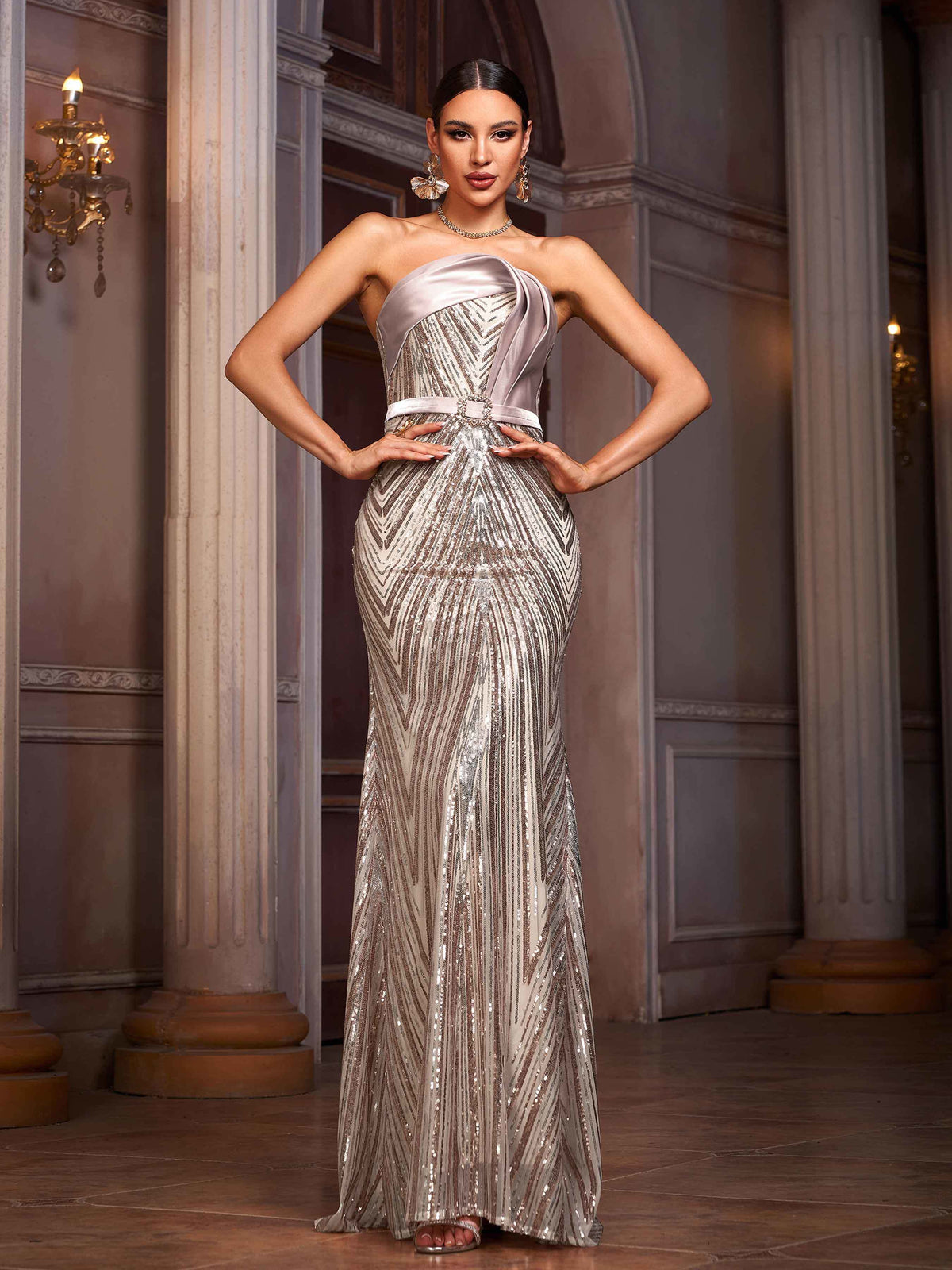 Strapless Mermaid Sequin Formal Dress With Belt DH80224