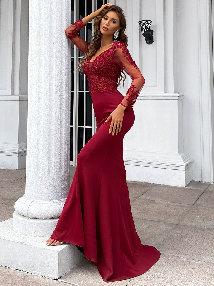 Elegant Long Sleeve Embroidered Applique Mermaid Evening Gown M01592
