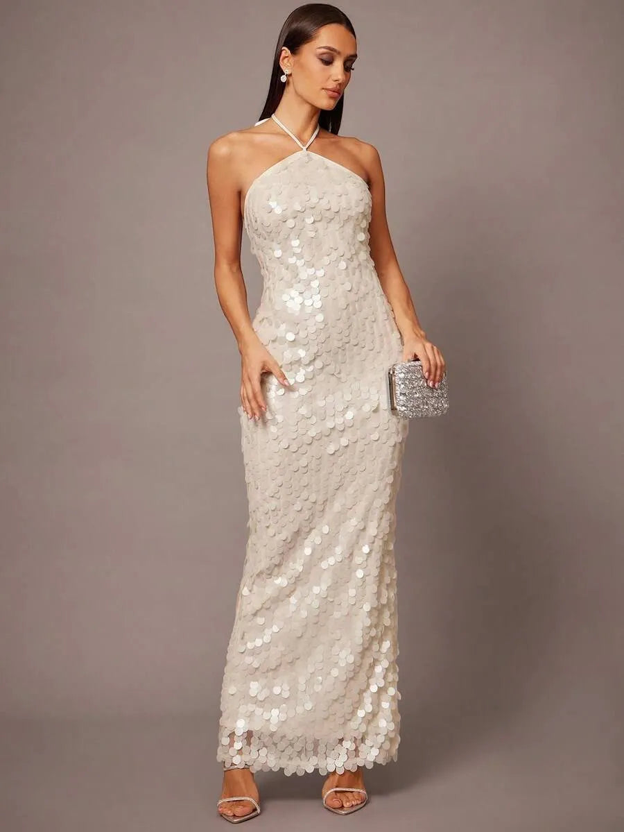 Ivory Sequin Halter Neck Backless Slit Maxi Evening Dress