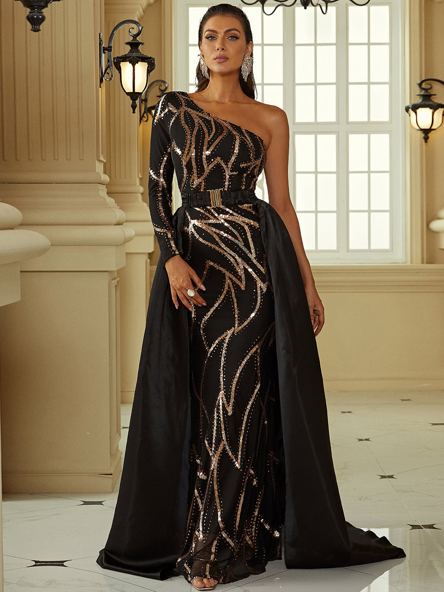 One Shoulder Cloak Sequin Prom Dress XH2172