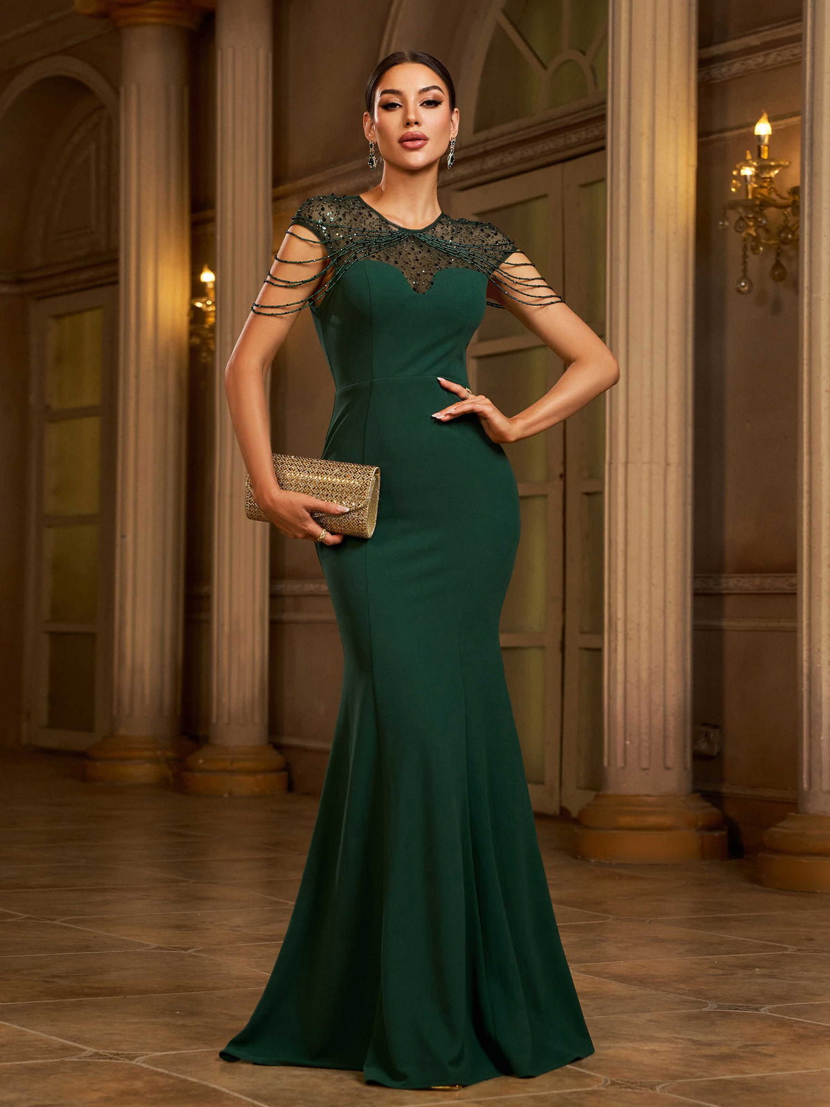 Green Chain See-through Elegant Wedding Guest Dress RX70326