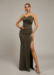 Green Strapless Ruched Split Cocktail Dress MCB0933