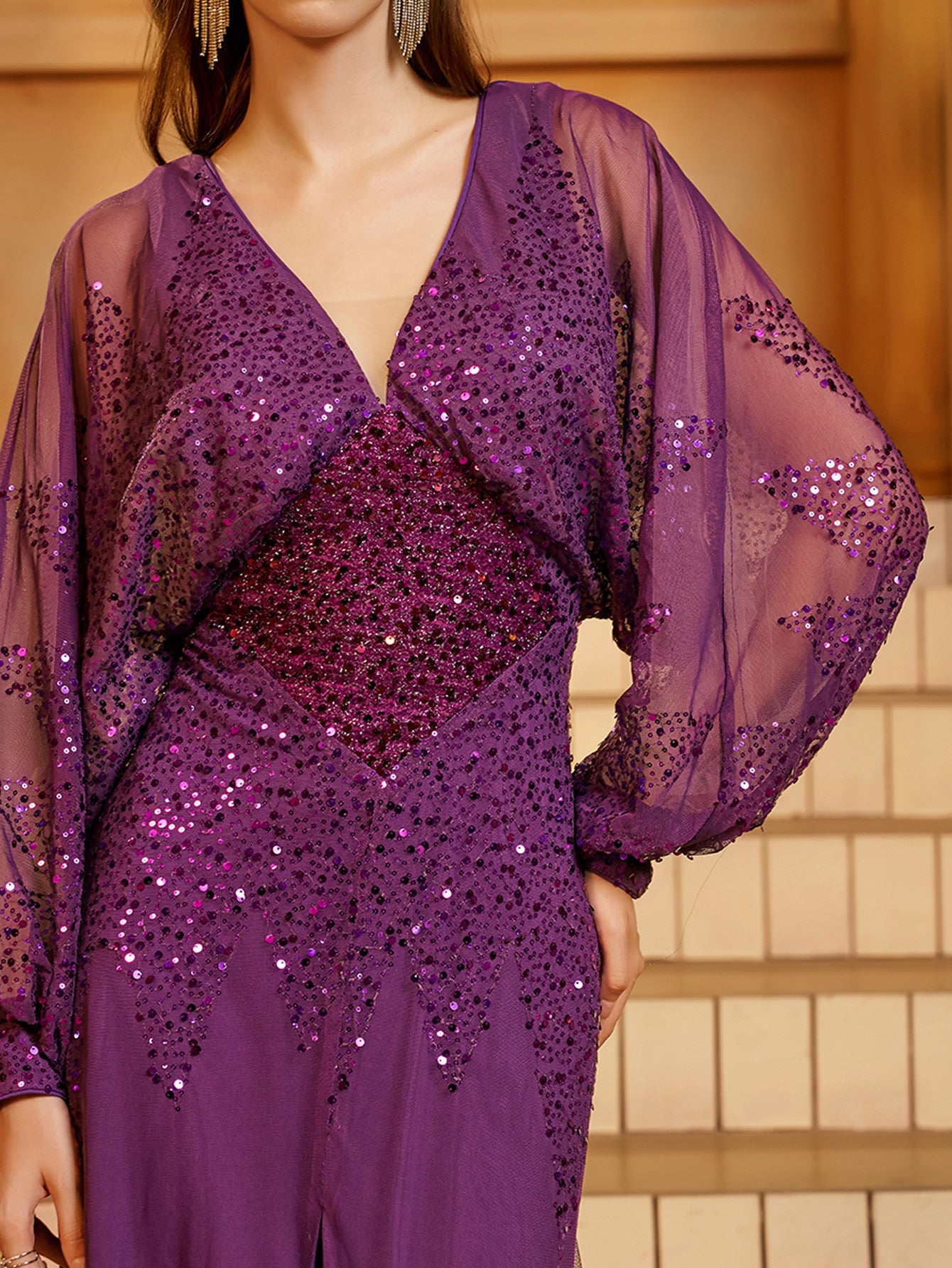Lantern Sleeve V-Neck High Split Black Prom Dress RM21107