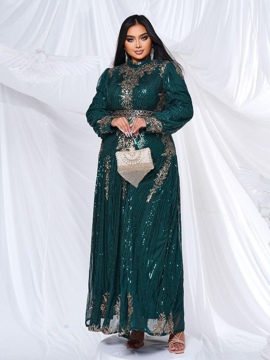 Plus Stand Collar Sequin A-line Dress PMES00341