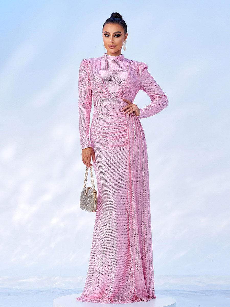 High Neck Long Sleeve Draped Sequin Maxi Evening Dress RJ11834