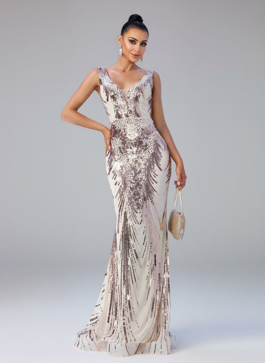 V-neck Sleeveless Mermaid Sequin Formal Dress RM21551