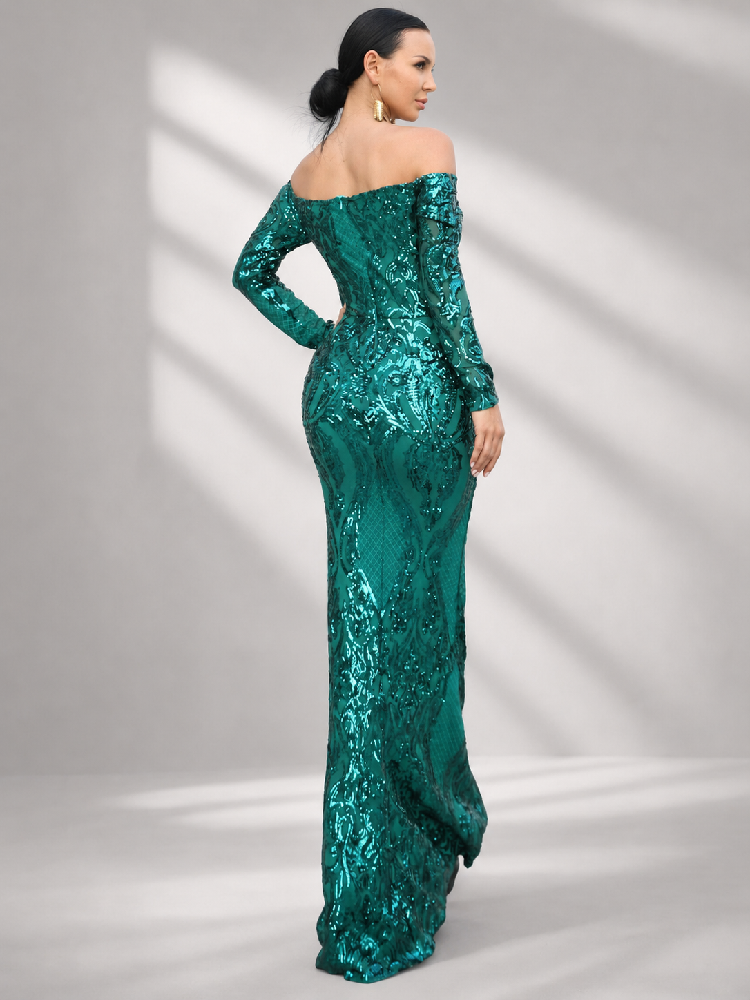 Off Shoulder Long Sleeve Sequin Mermaid Prom Dress FT18392