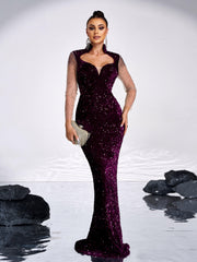 Sequin Panel Mesh Sleeve Mermaid Formal Dress GM00635
