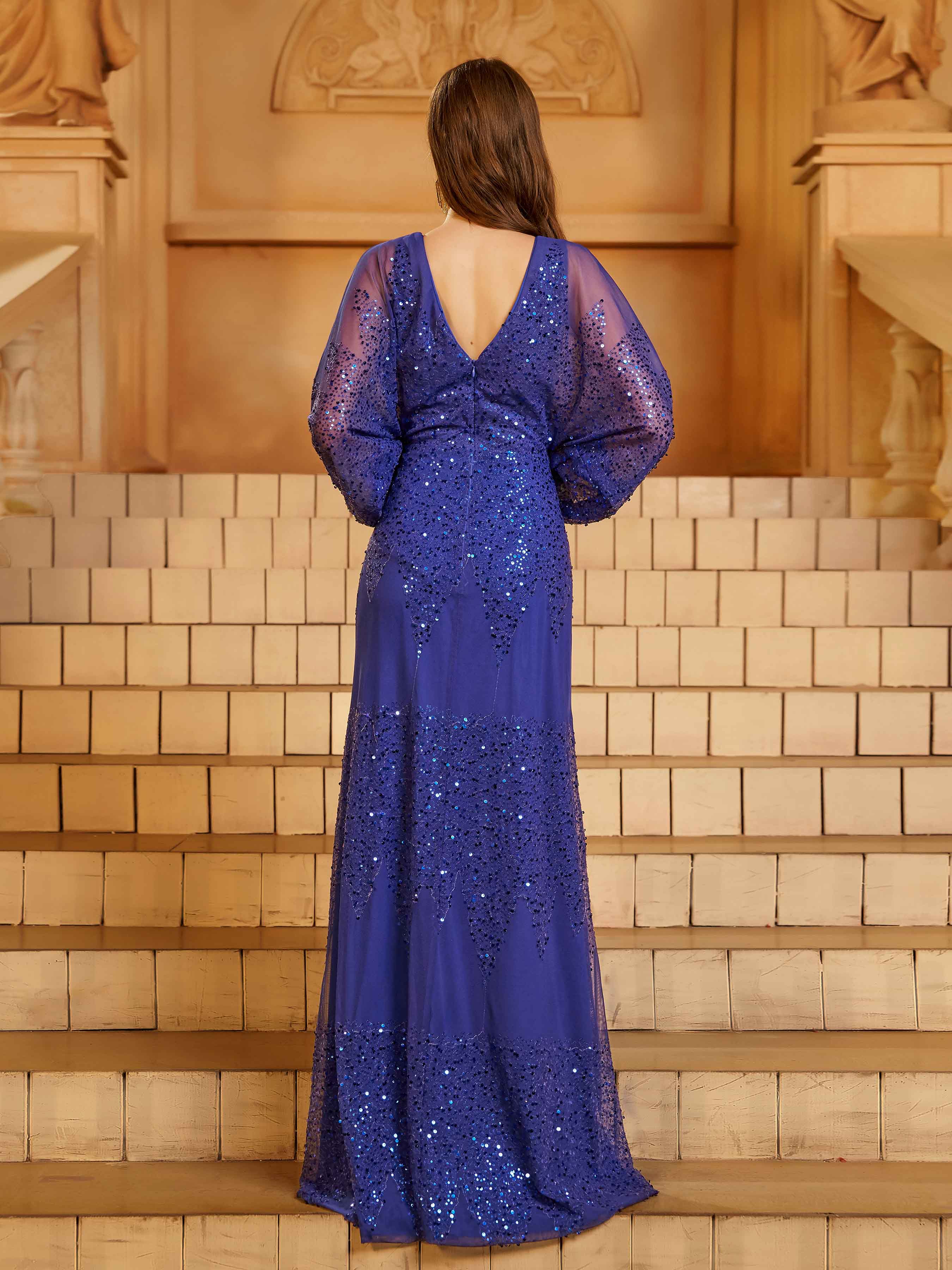 Lantern Sleeve V-Neck High Split Black Prom Dress RM21107