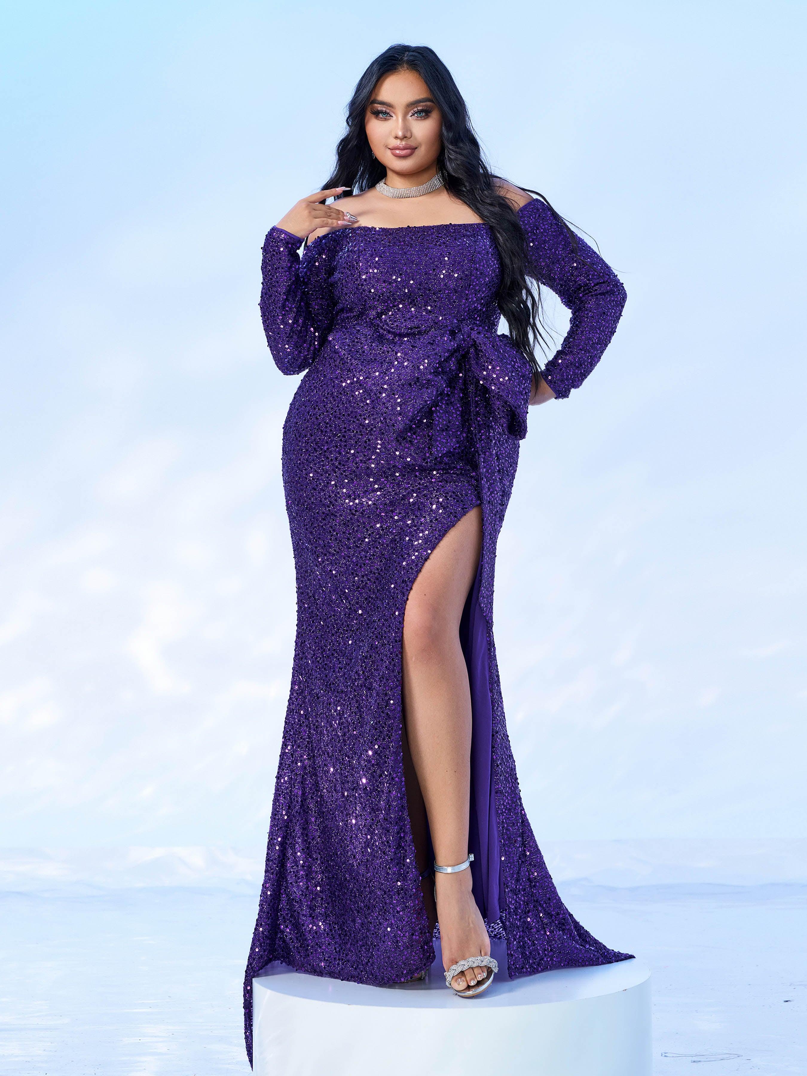 Plus Size Off The Shoulder Bow Knot Split Maxi Evening Dress PXH2122