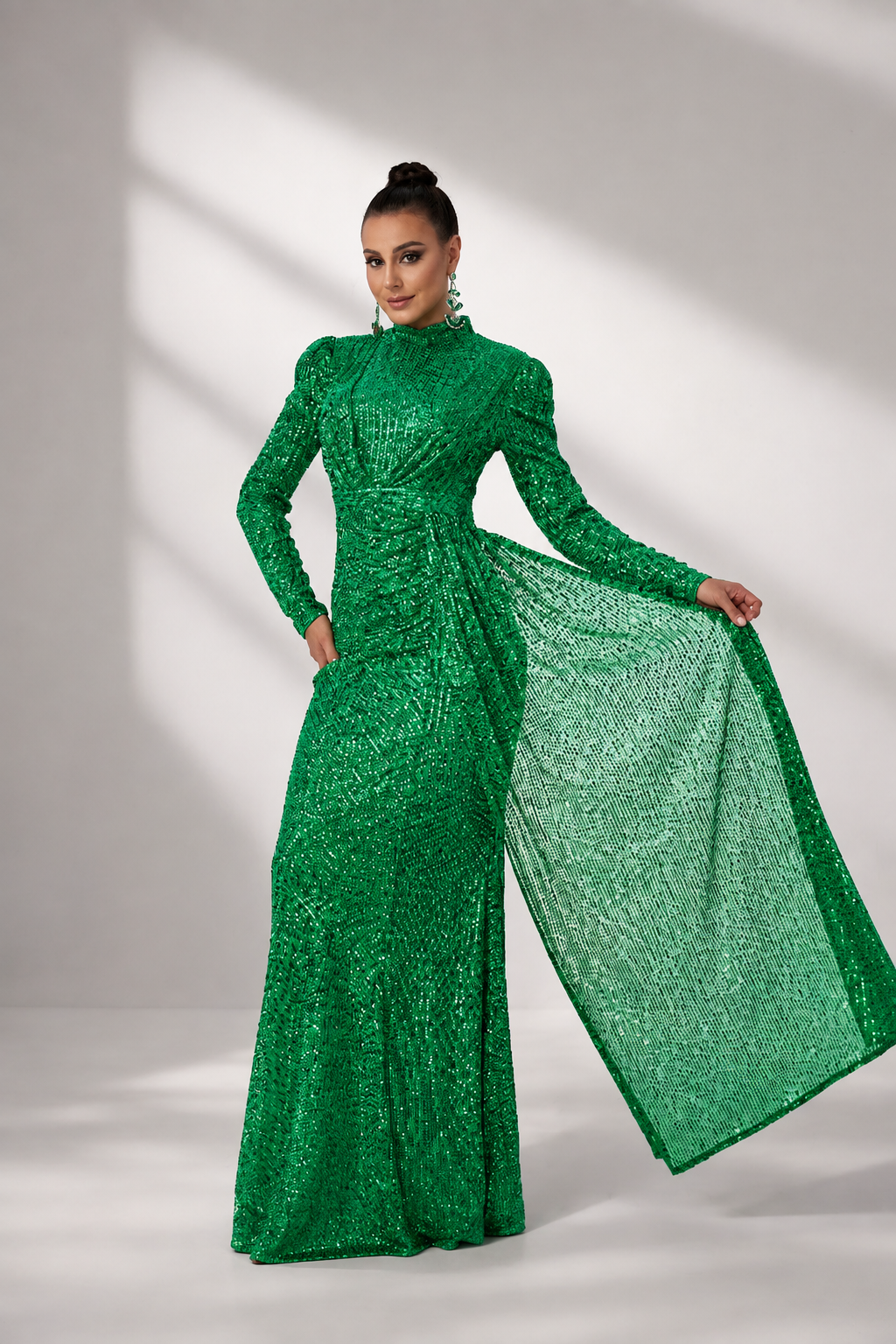 High Neck Long Sleeve Draped Sequin Maxi Evening Dress RJ11834