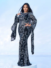 Plus Long Sleeve Mermaid Sequin Maxi Dress PMES00404