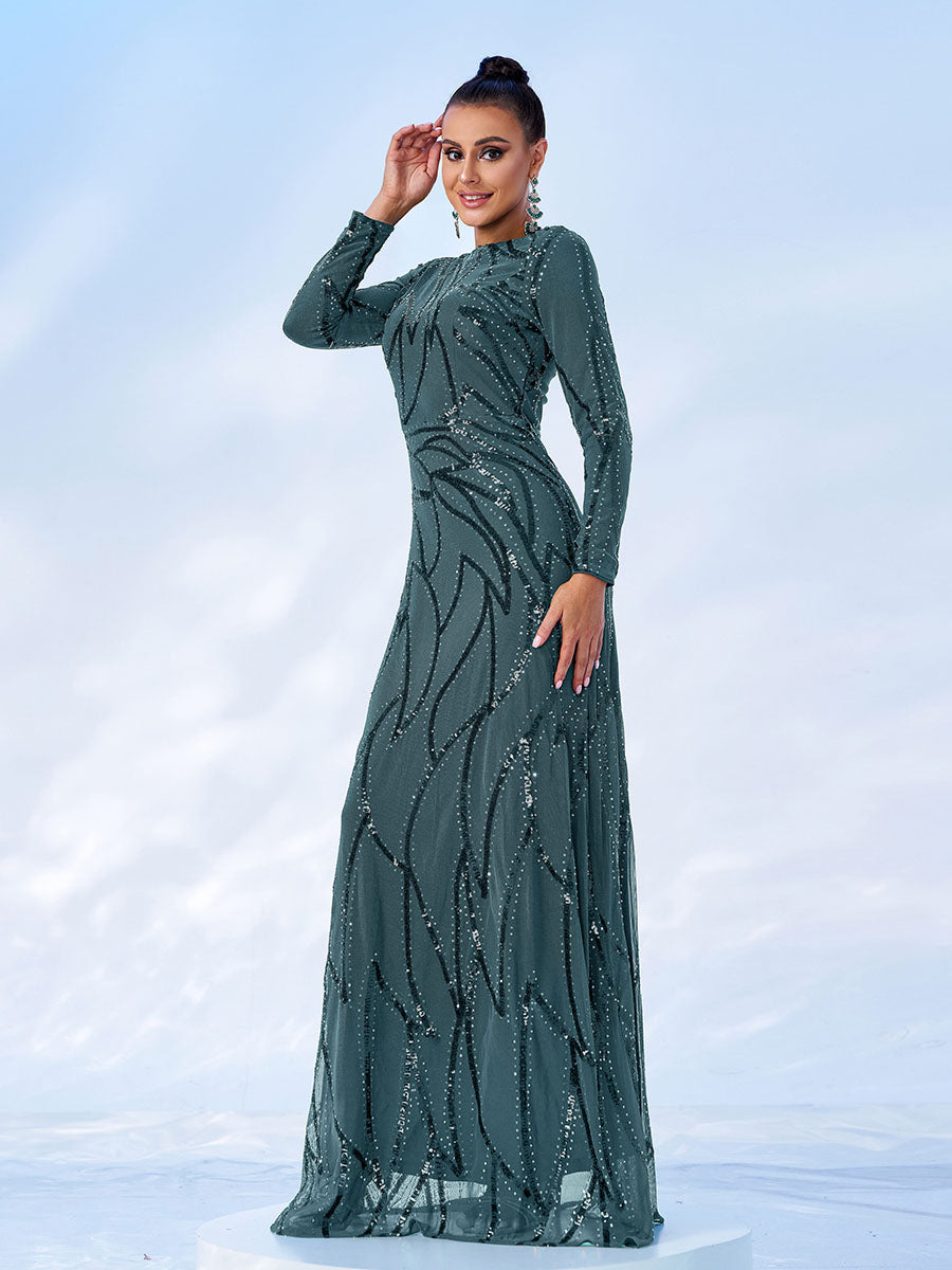 Long Sleeve Sequin A-Line Maxi Evening Dress XJ1962
