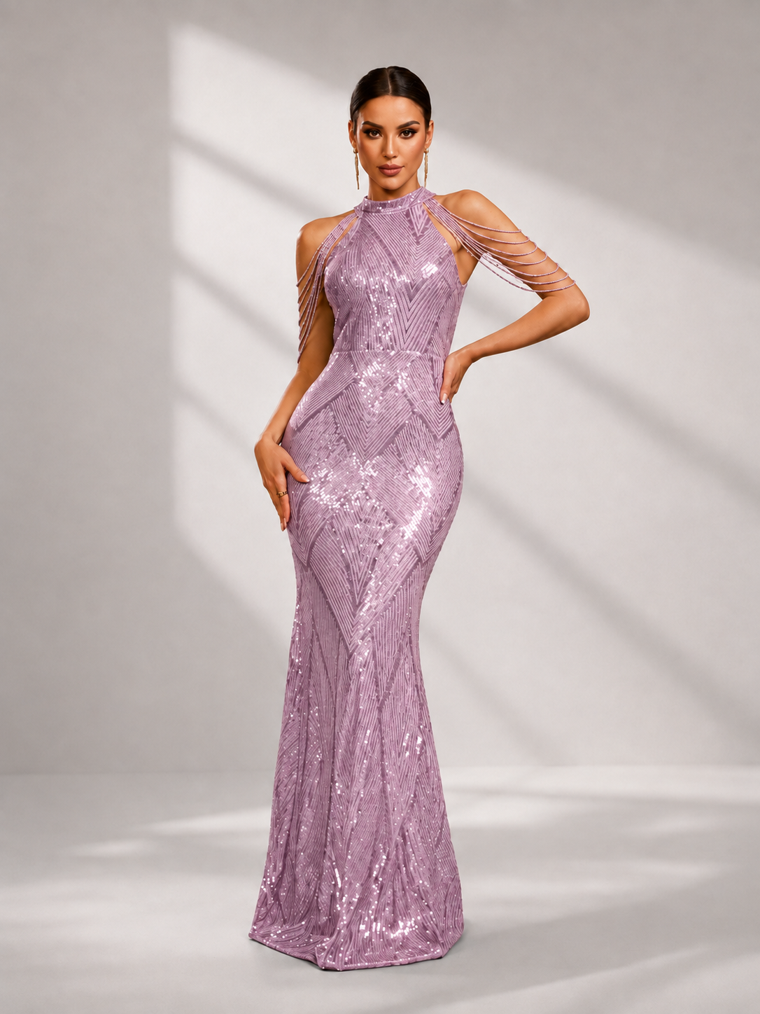 Cold Shoulder Beads Chain Cocktail Dress M01081