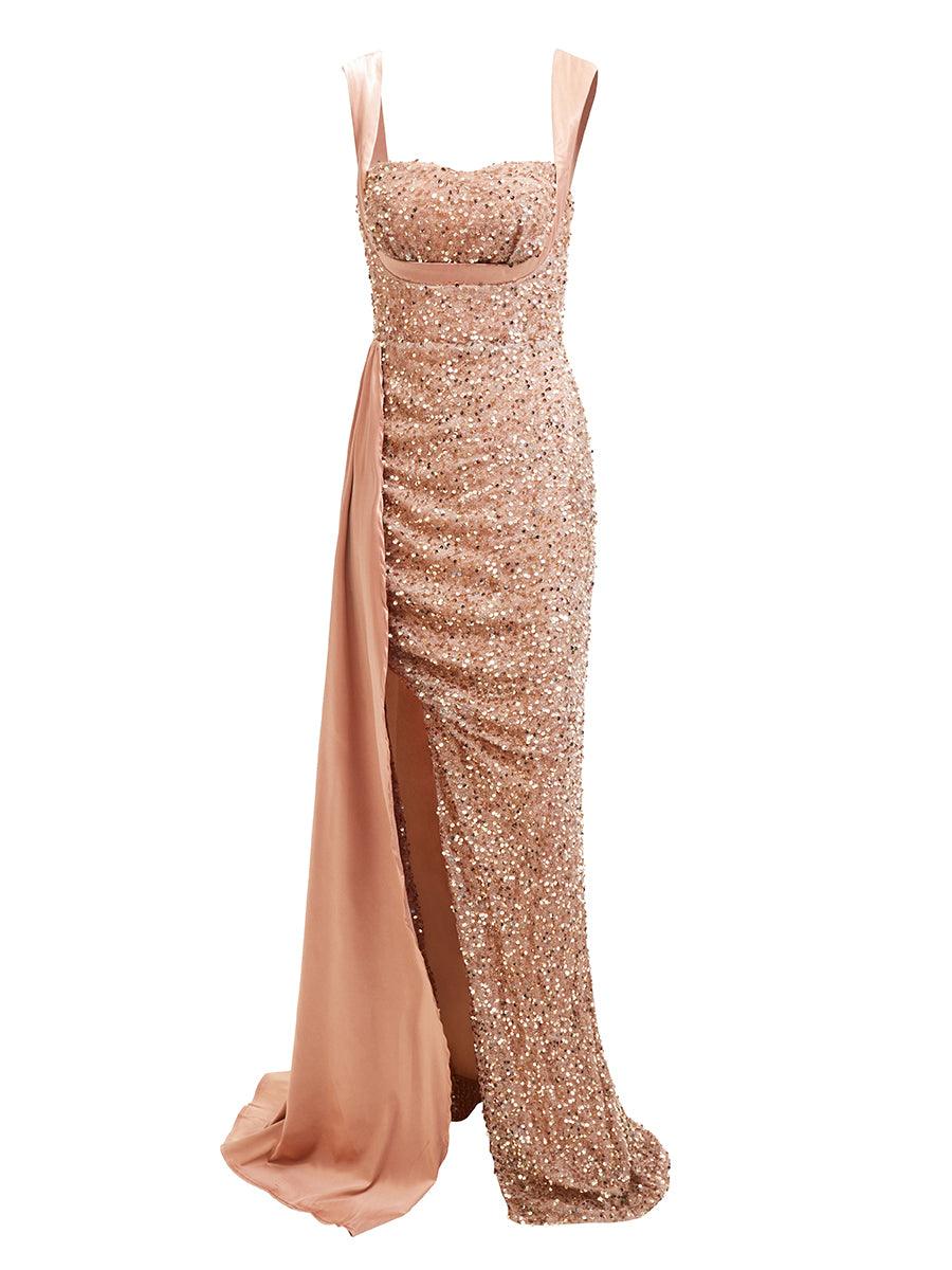 Ribbon Corset Sequin Maxi Prom Dress XH2162