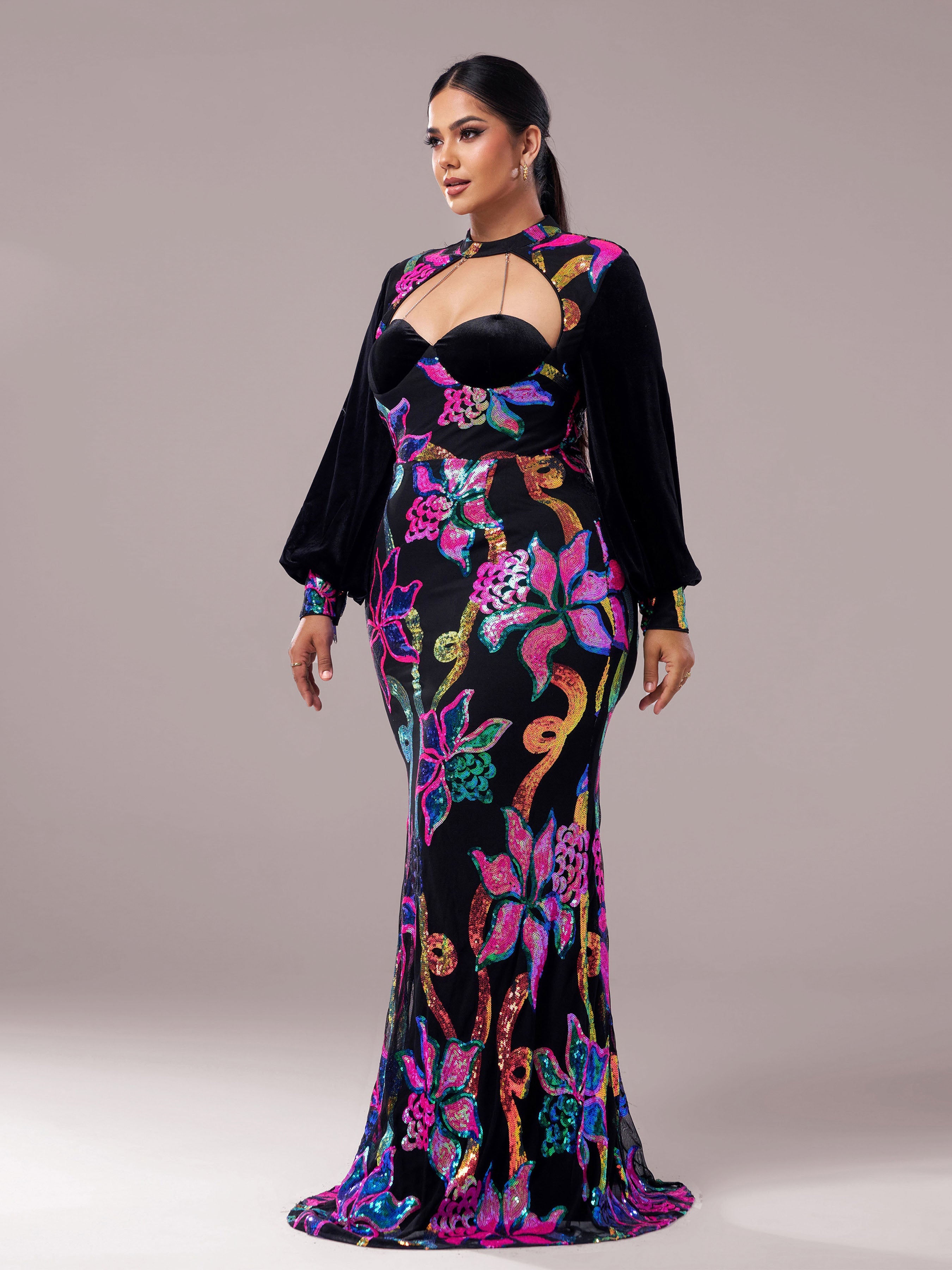 Plus Cutout Lantern Sleeve Mermaid Dress PRJ11296