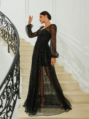 Lantern Sleeve Black Tulle Dress RA60074