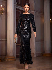 Classic Black Long Sleeve Sequin Prom Dress GM01065