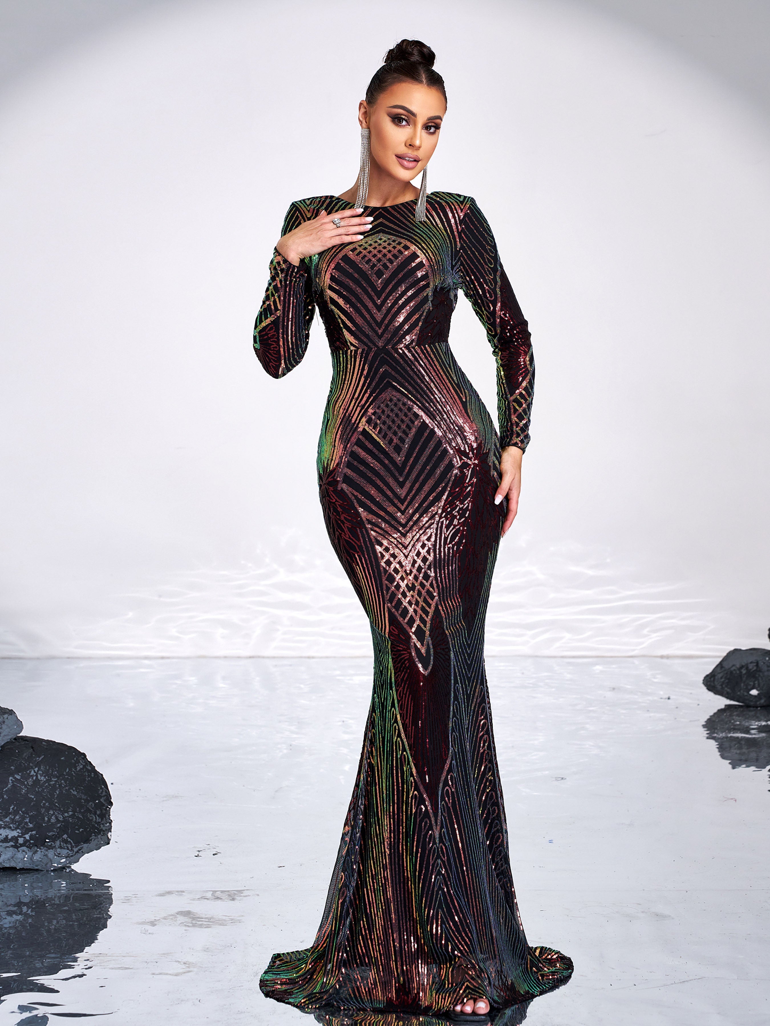 Graphic Sequin Mermaid Fromal Dress FT19747